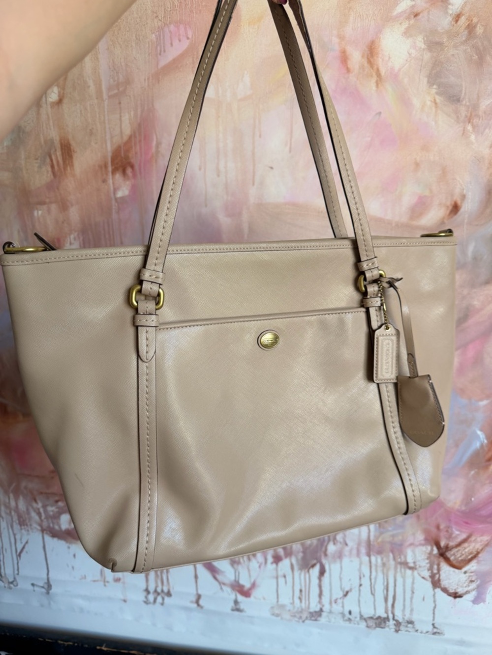 Beige Leather Tote Bag with Gold Hardware